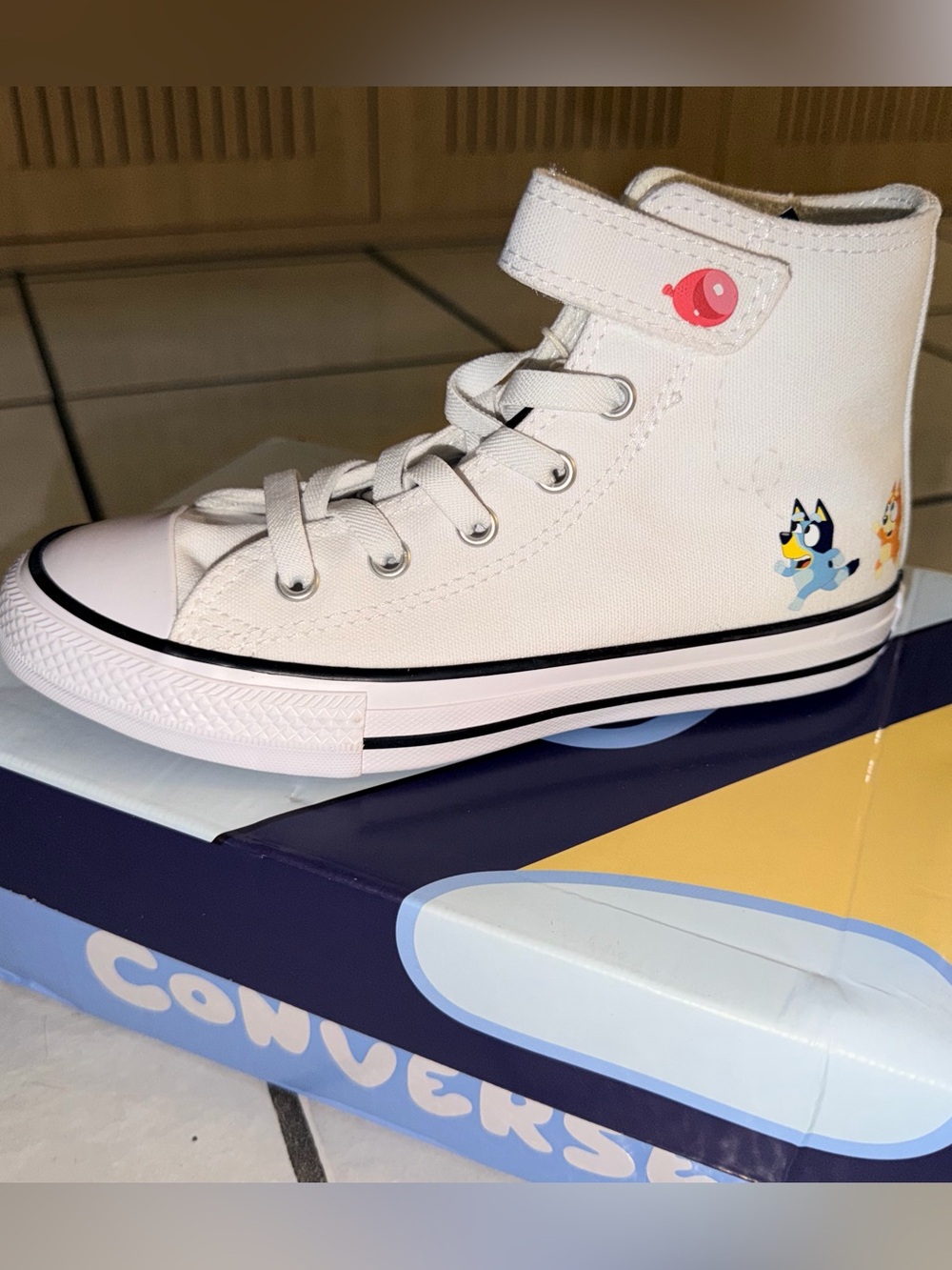 Converse Kids White High-Top Sneakers with Bluey cartoons